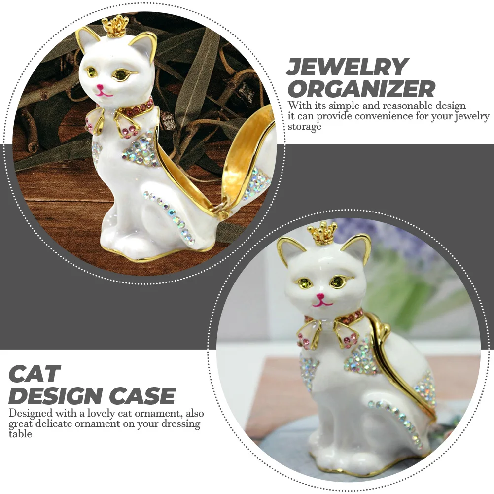 

Lovely Cat Design Metal Alloy Jewelry Box Trinket Holder Storage Container Desktop Ornament Enamel Finish Vintage Style Ring