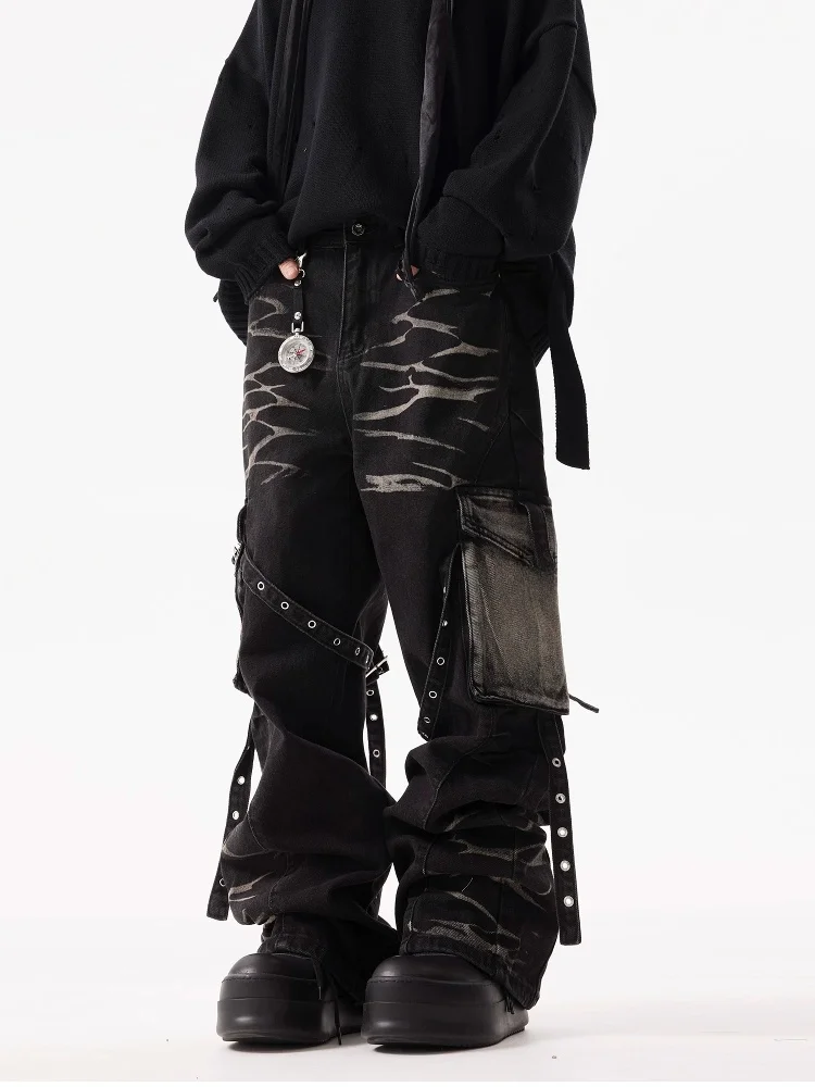 

American Retro Wave Pattern Multi-ket Belted Denim Jeans Loose Straight Leg Workwear Trousers for Men And Women
