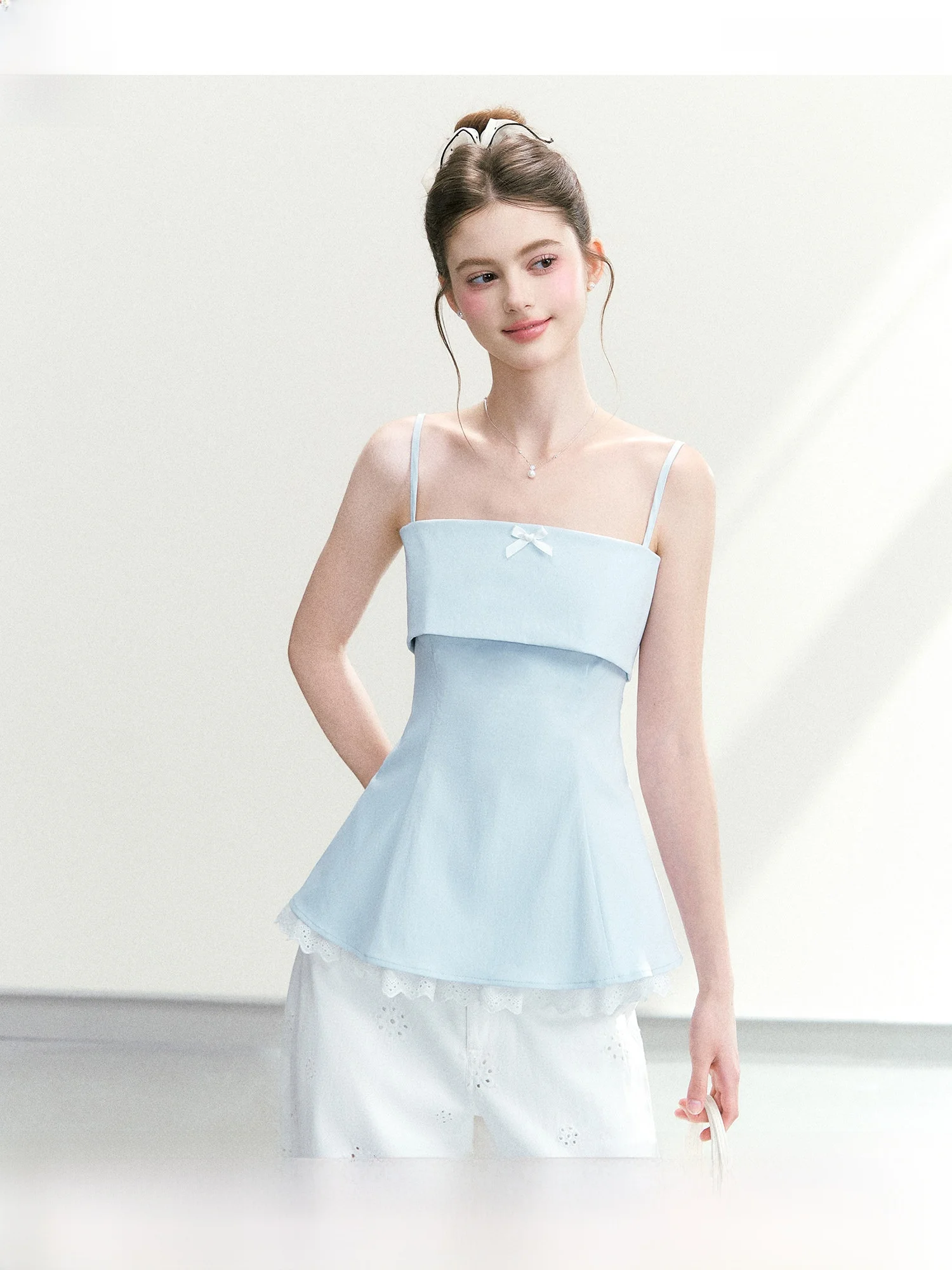 QDQD Sweet  Knot Waist-Cinching Halter Vest Women's Slimming Splice Lace Blue Spicy Short Length Summer Top