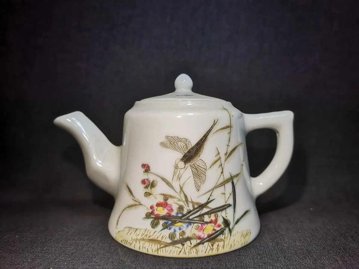 

1919 Antique art Size Old Chinese porcelain Painting Dragonfly Flowers pot teapot Decoration gift