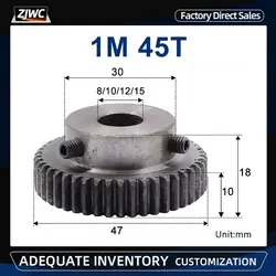 Module 1 45T Spur Gear 45# Carbon Steel Bore 8mm 10mm 12mm 14mm 15mm Low Speed Metal Drive Gear For Motors