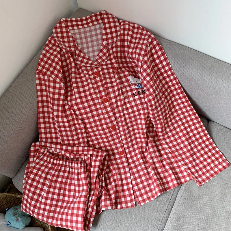 حجم كبير النساء مرحبا كيتي منامة مجموعة Kawaii Homewear طويلة الأكمام قطعتين بيجامة مجموعة فضفاضة ملابس خاصة الزي هدية الكريسماس #1