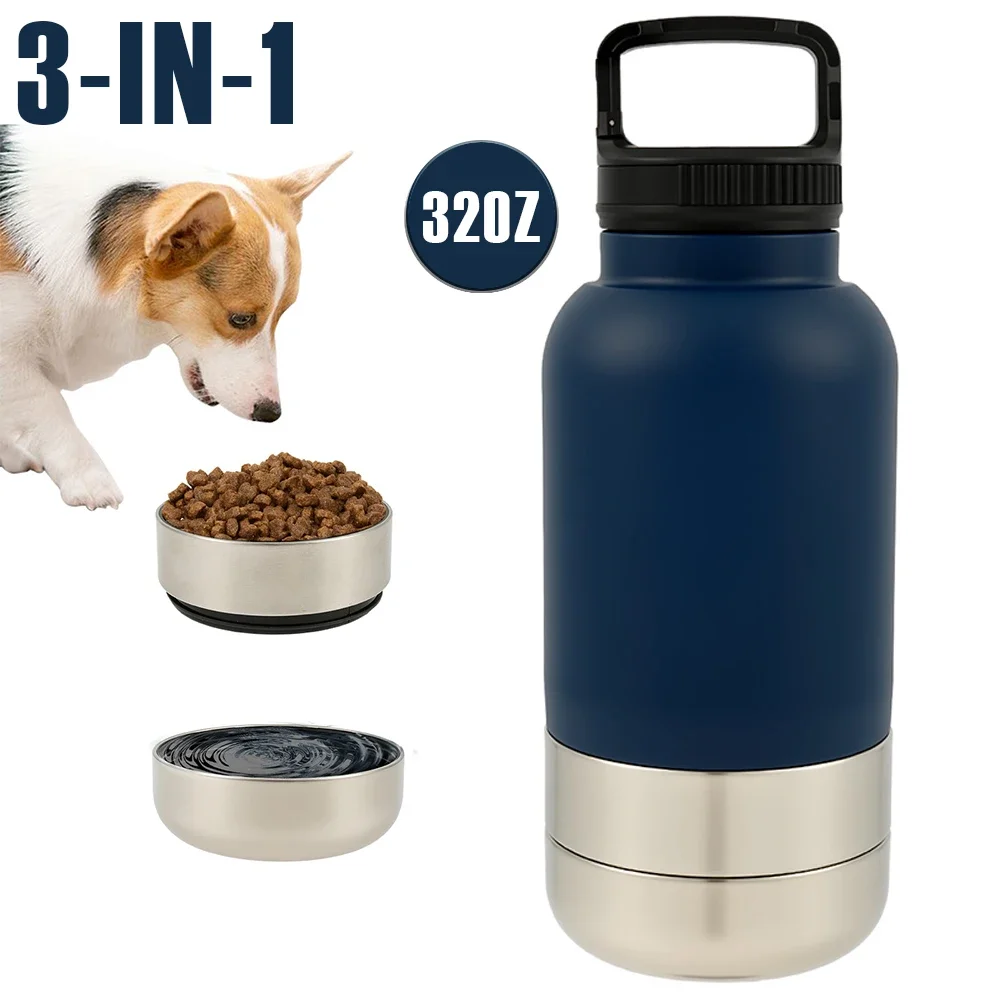3-in-1 Hunde-Wasserflasche 32oz Edelstahl-Hundetrinkflasche mit 2 Abnehmbaren Schüsseln Tragbarer Haustier-Trinkbecher Haustierzubehör