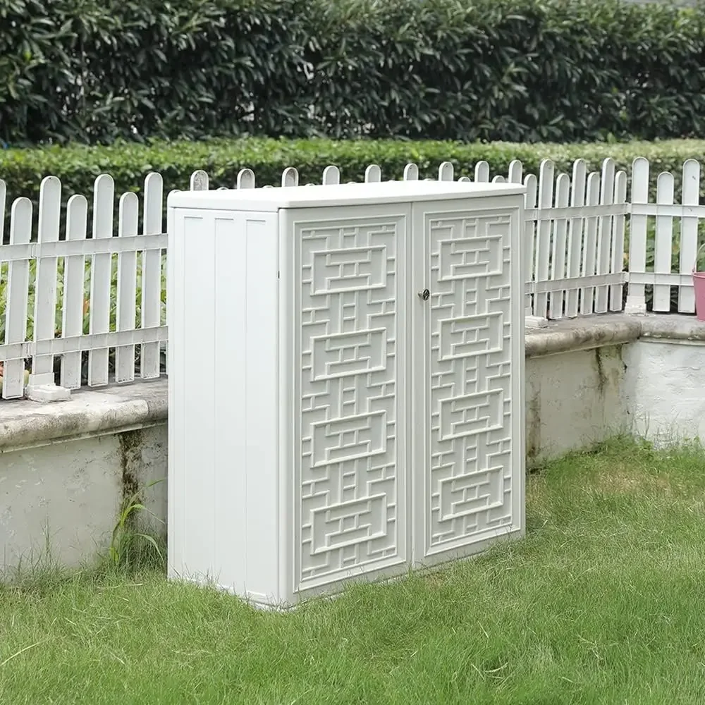 Armoire de rangement intérieure et extérieure étanche avec étagère, armoires d'extérieur en plastique pour .c/ jardin/arrière-cour, beige clair