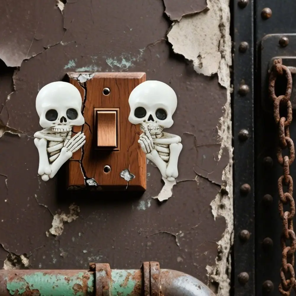 2PCS 3D Halloween Skeleton Switch Sticker Gothic Resin Switch Wall Stickers Simulated Decorative Keep Quiet Skeleton Statue