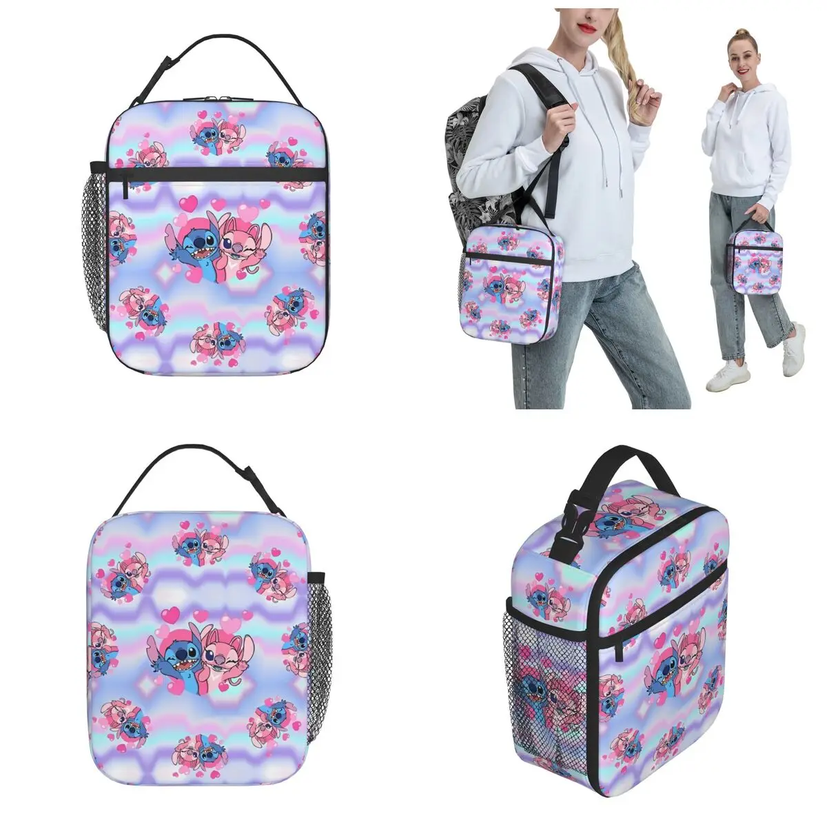 Stitch And Angel Kiss Love Accessories Insulated Lunch Bag For Outdoor Food Container Portable Thermal Cooler Lunch Boxes