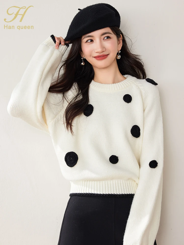 

H Han Queen Autumn Dots Knitted Women Pullover Sweater Korean Chic O-Neck Simple Long Sleeve Female Clothing Fashion Pullovers