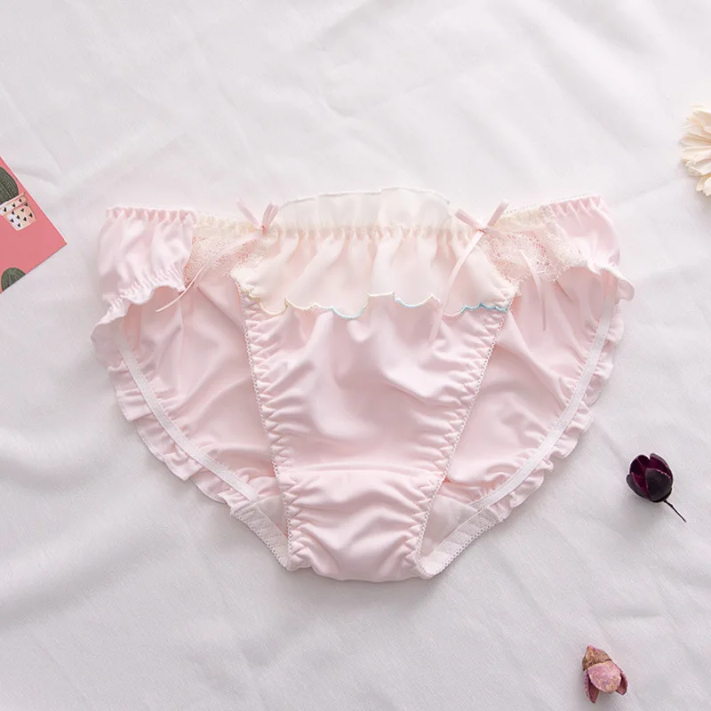 Japanese Girly Style Briefs Low Waist Milk Silk Breathable Cotton Crotch Bow Lace Underwear for Women