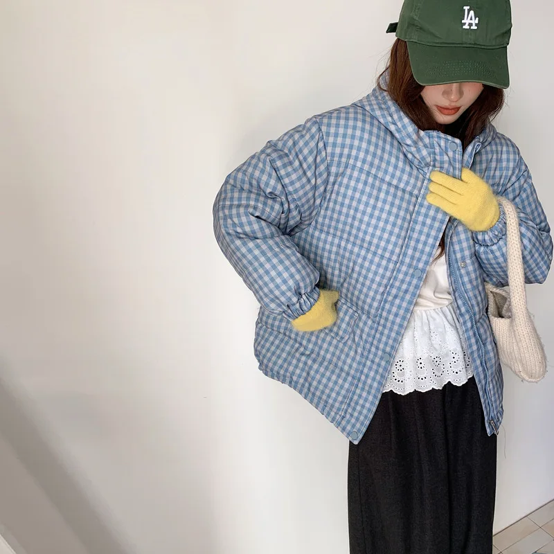 Women Short Plaid Parkas Coats Solid Jackets Zipper Pocket Stand Collar Long Sleeves Thick Loose Office Lady Casual 2025 Winter