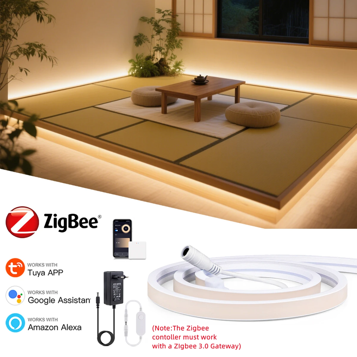 

1M-10M Zigbee 3.0 COB LED Strip DC 24V Linear Dimmable Neon Tape RA90 320LEDs/m for Tuya App Control Alexa Goolgle Voice