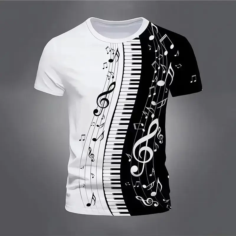 Retro Men\'S T-Shirt 3d Music Notes Printed Men Clothing Daily Casual Short Sleeve Street Designer Tees Top Loose Oversized Shirt