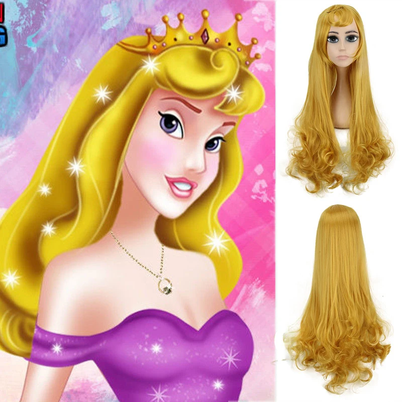Cosplay Sleeping Beauty yellow long curly hair anime wig