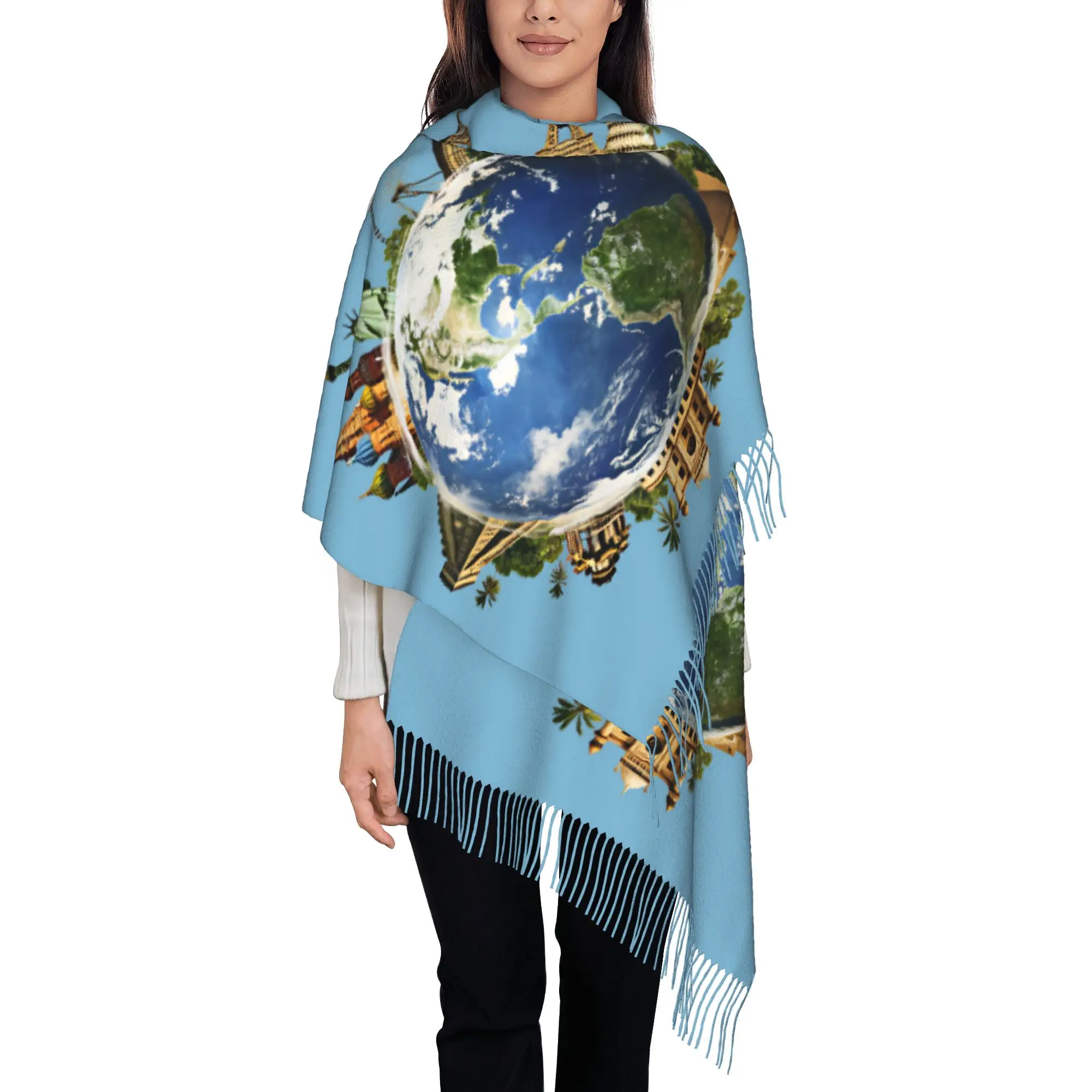 Custom Realistic Globe World Landmarks Travel Print Tassel Scarf Women Soft  Shawls Wraps Lady Winter Scarves