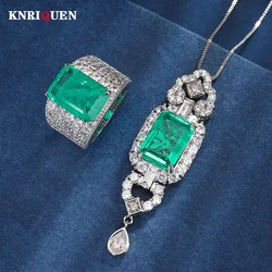 Vintage 10*14MM Emerald Gemstone Lab Diamond Pendant Necklace Rings for Women Wedding Bands Party Fine Jewelry Sets Accessories