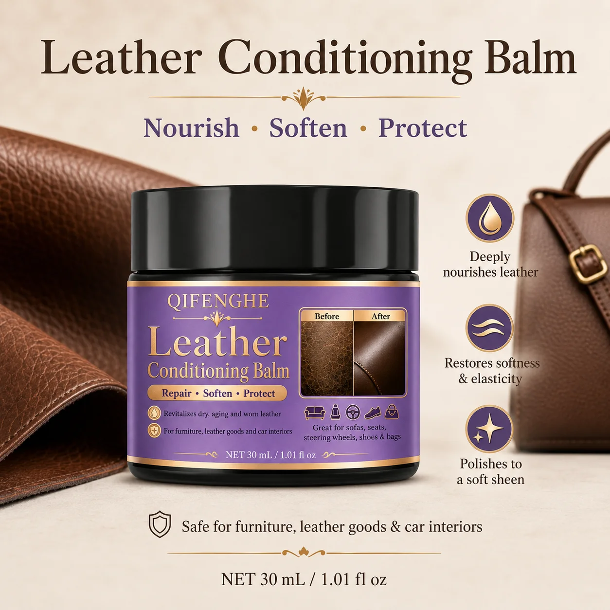 Professional Leather Conditioning Balm 30ml, Safe for All Smooth Leather, Restores & Protects Sofa & Auto