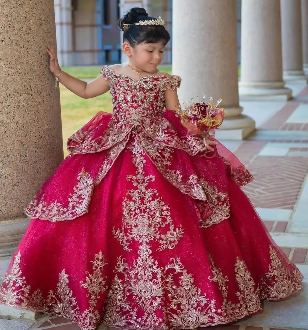 

Shiny Gold Appliqué Flower Girl Dress, Off-Shoulder Kids Ball Gown, First Communion Dress, Custom Birthday Formal Dress for Litt