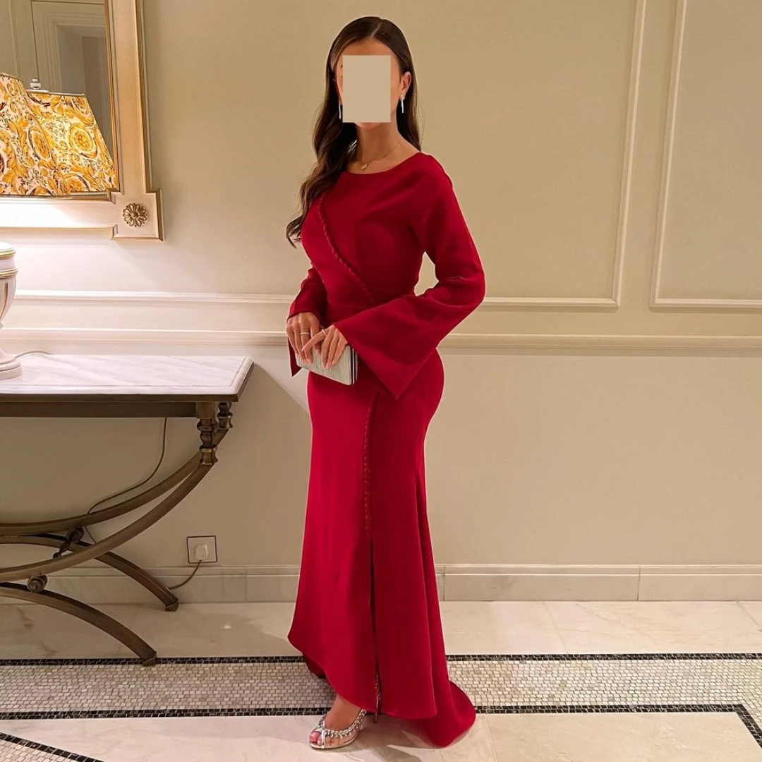 Gaun malam leher sendok Lovestory gaun malam wanita Arab Saudi kancing lengan panjang gaun Prom belah samping ritsleting belakang Vestidos De Noches