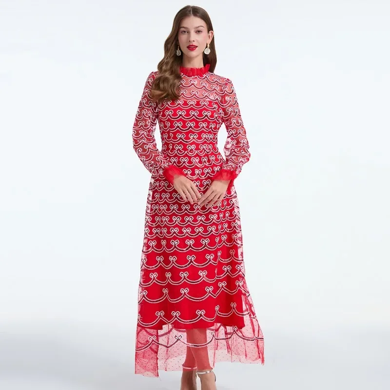 2025 Spring Summer Heavy Luxury Full Body Embroidery Bead Party Long Sleeve High Waist Skirt Banquet Evening Dress Robe