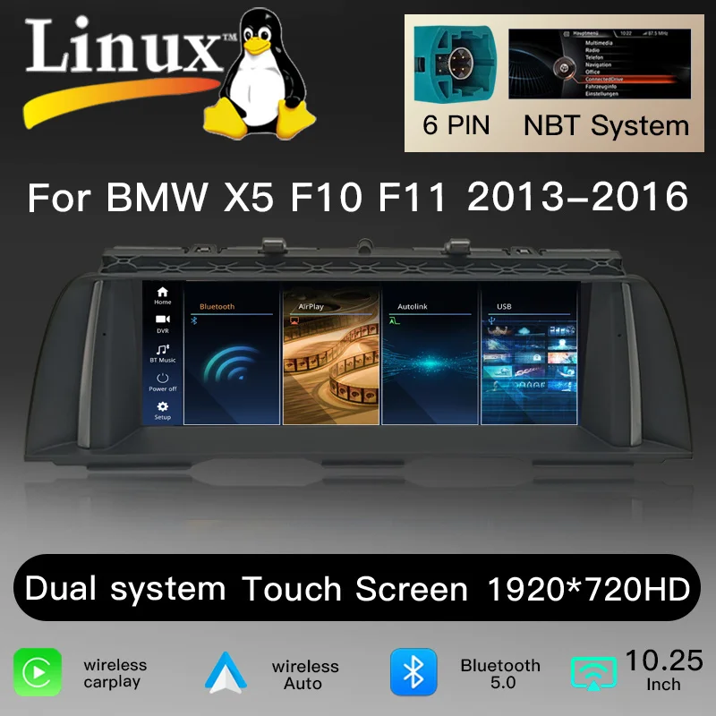 10,25" 1920*720 IPS-scherm, draadloze CarPlay, Android 14 autoradio voor BMW 5-serie F10 F11 NBT CIC 2011-2017, multimedia-speler, DSP, 4G, WiFi, GPS, stereo-hoofdunit