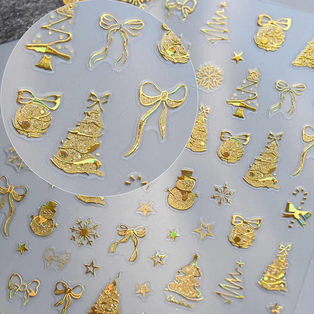 12 pièces Laser bronzant or 3D noël autocollant pour ongles Y2K flocon de neige cerf wapiti père noël ongles décalcomanies bonhomme de neige noël manucure autocollant