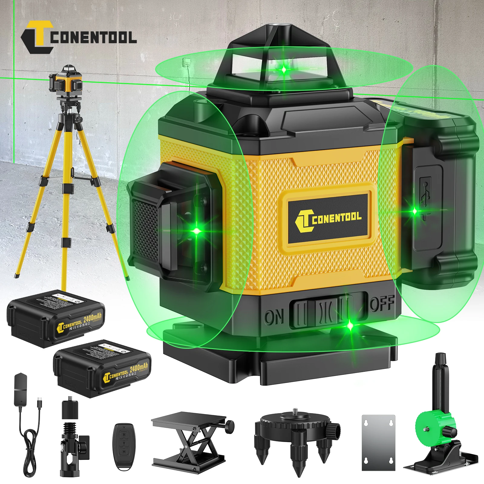 CONENTOOL 16 Line Laser Level Spirit Level 4D 360° Cross Line Laser Self-Leveling Kit with 2 Battery 1m Tripod Green Light Laser