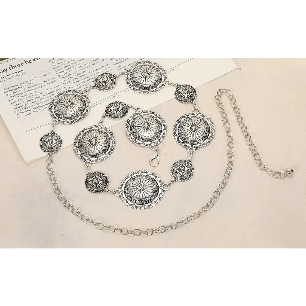 Western Round Metal Concho Belt for Women Vintage Cowgirl Boho Turquoise Chain Belts for Dresses Jeans Retro Gold and Silver
