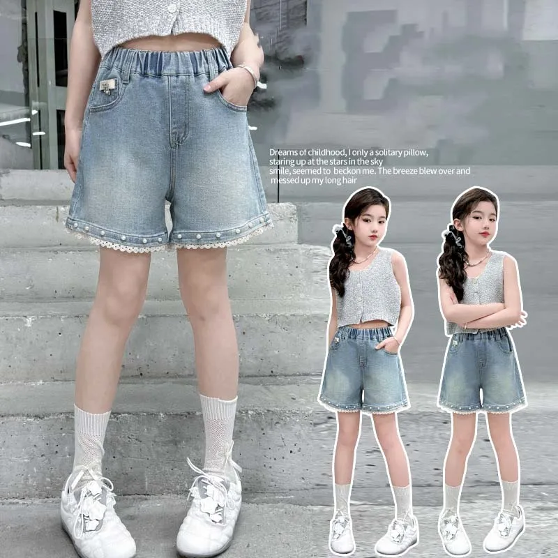 

UNITIM Summer Junior Girls Shorts Thin Loose Young Teenagers Girls Jeans Casual Versatile Lace Hem 4-14Yrs Kid Baby Girls Shorts