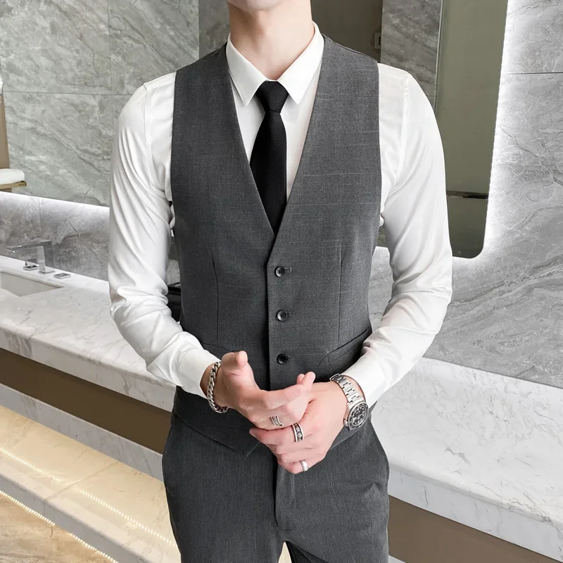 High-quality (vest + Trousers) Men's 3 Choices Italian Style Elegant Fashion Simple Business Casual Work Gentleman Formal Wear