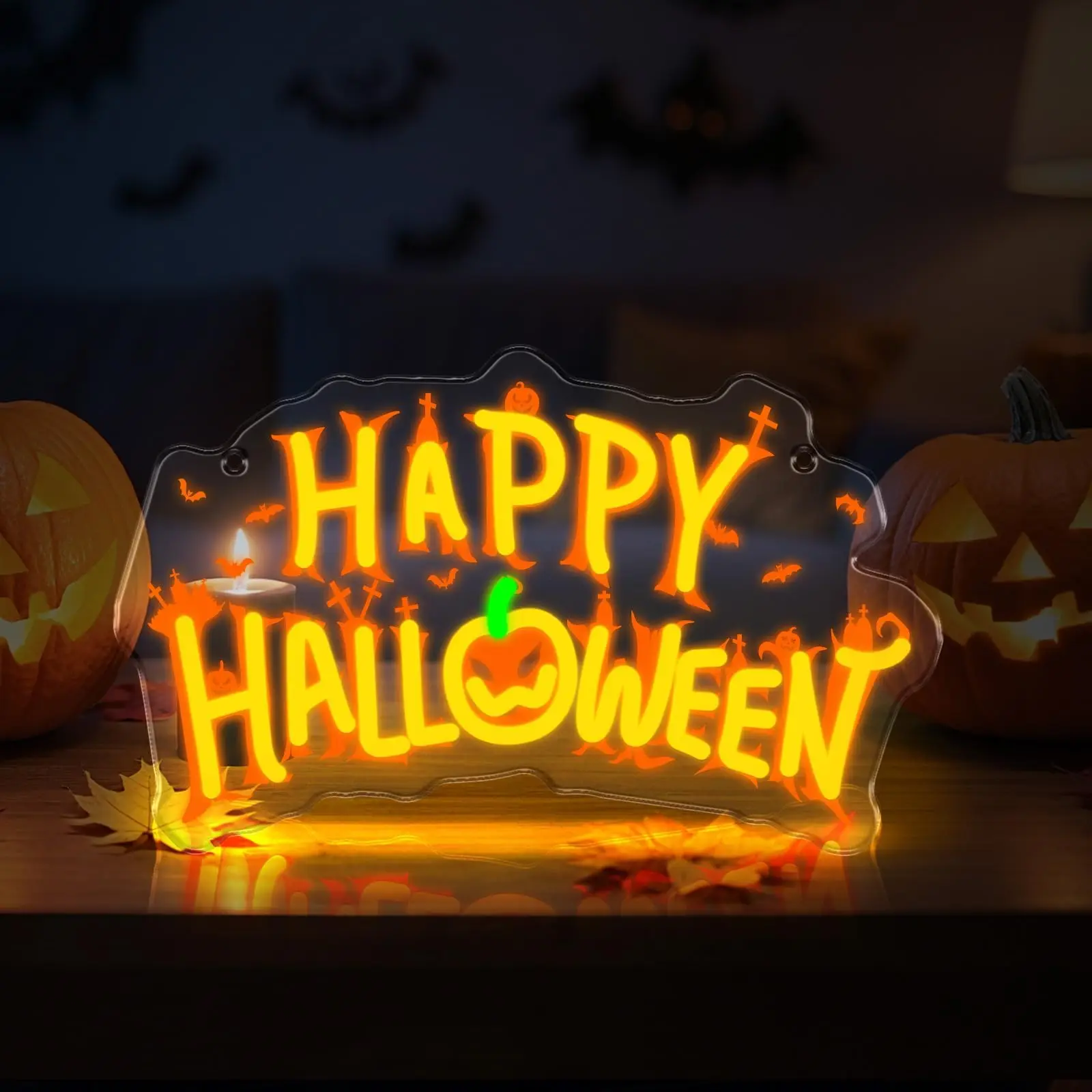 Happy Halloween Pumpkin LED Neon Sign for Wall Decor USB Powered Light Up Acrylic With Hooks Kids Room Living Room Party Decor