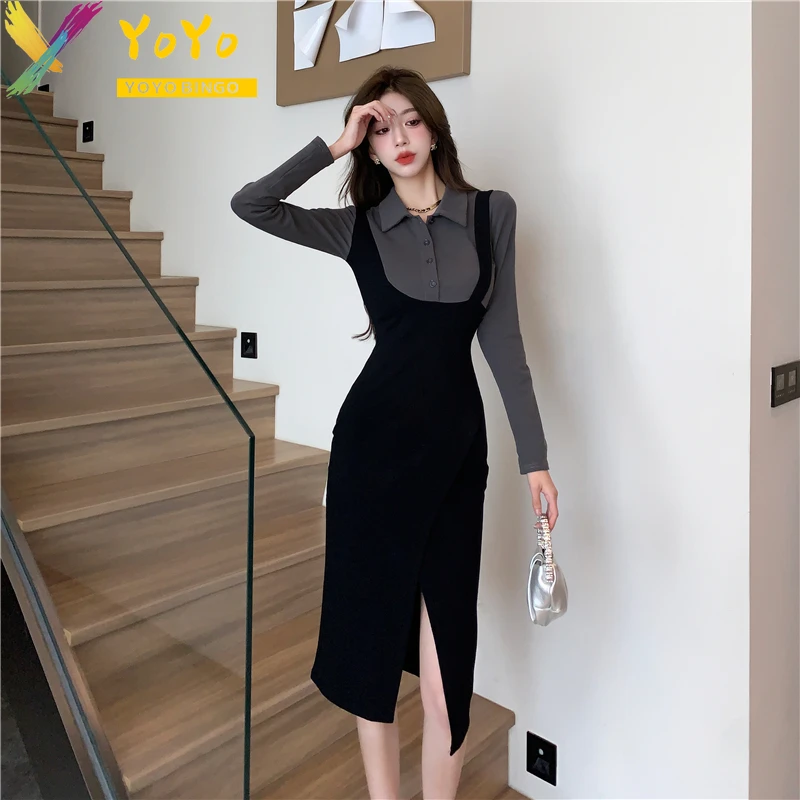 

Fake Two Pieces Black Grey Stitched Lapel Long Sleeve Shirt Dress Women Office Autumn Slim Bodycon Front slit Dress