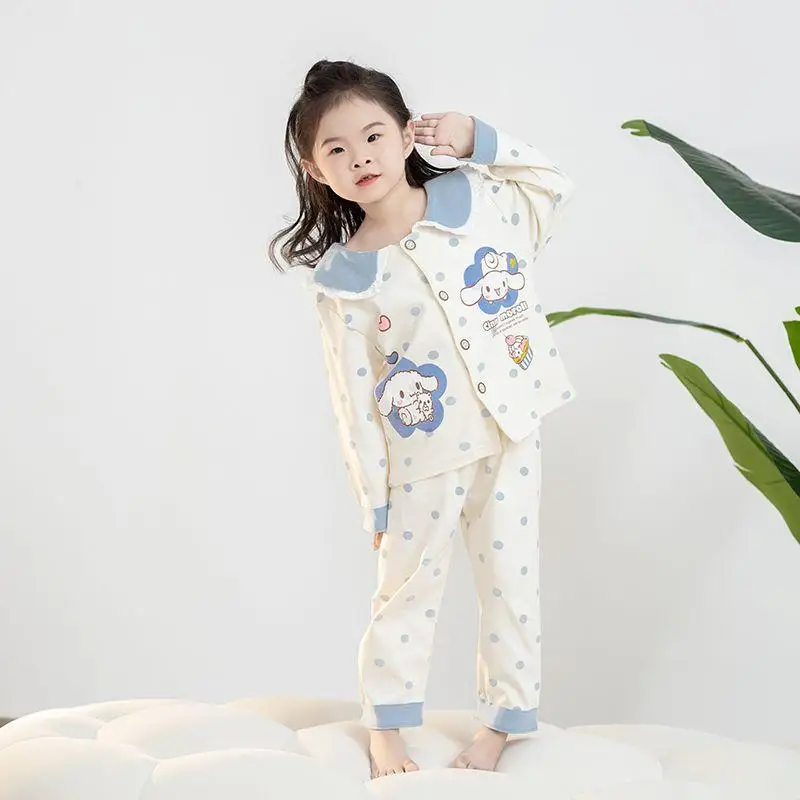 Sanrios Cinnamoroll Girls Pajamas Set Anime My Melody Cotton Sleepwear Cartoon Long Sleeve Nightwear Spring Autumn Home Clothes