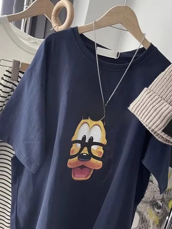 

Свободная футболка большого размера для студентов с принтом в виде мультяшной собаки, модные парные топы из хлопка с круглым вырезом