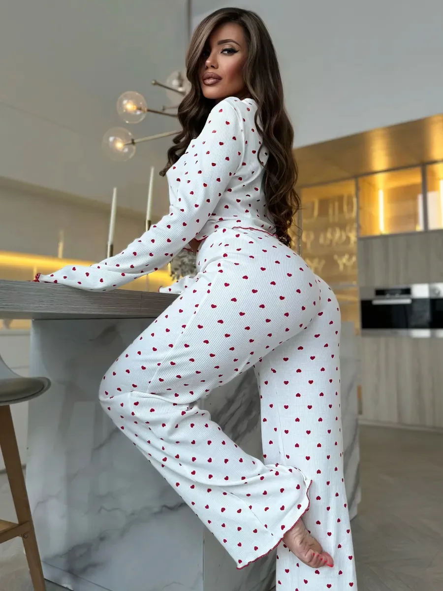Women's Chic Heart Print Pajama Set 2Pcs Pjs Long-Sleeve Crop Top And Pants Frill Trim Details Cozy Sleepwear Casual Nightwear