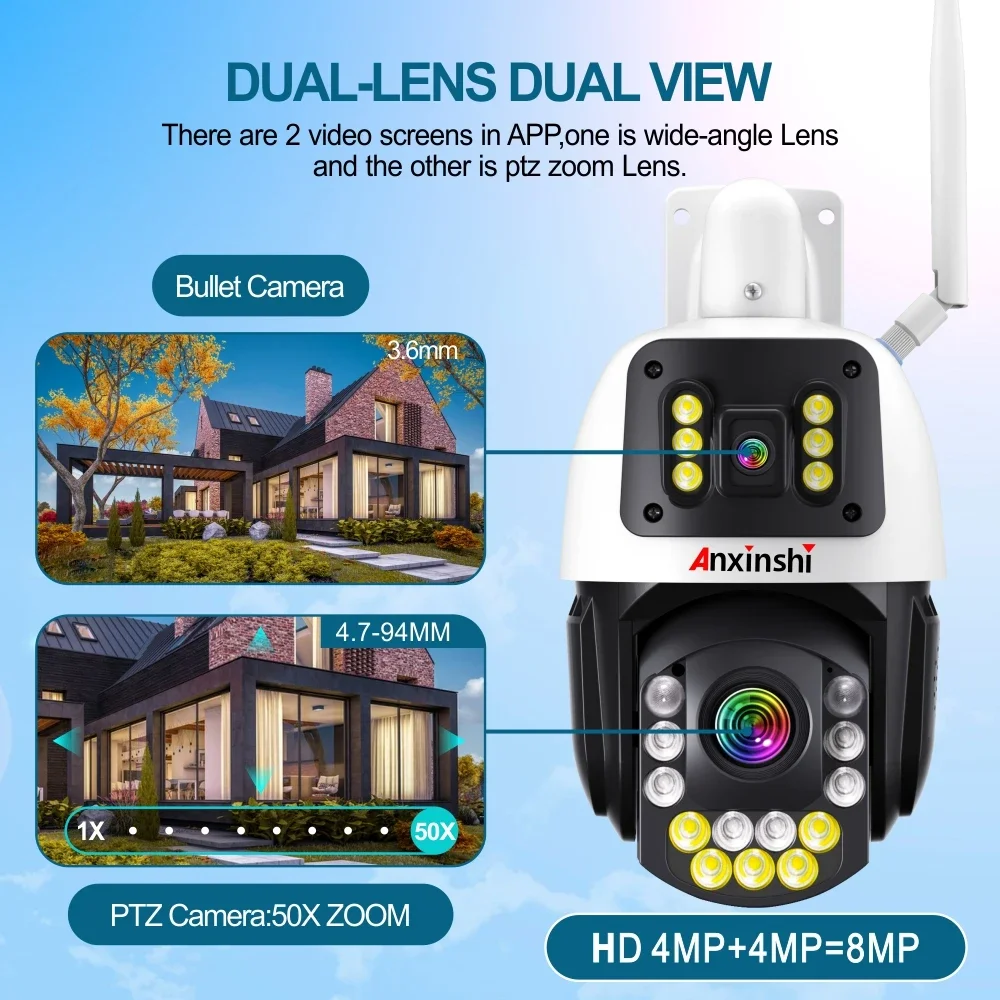 Anxinshi Telecamera di Sicurezza Solare HD 4K 99X Zoom Auto Tracking Telecamera PTZ Solare Esterna Visione Notturna a Colori P2P Telecomando