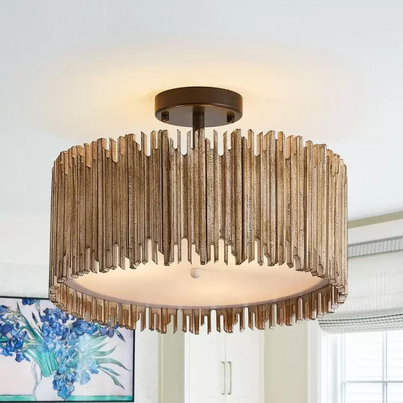 semi-recessed ceiling lamp, drum-shaped retro ceiling lamp with stained glass, suitable for foyer