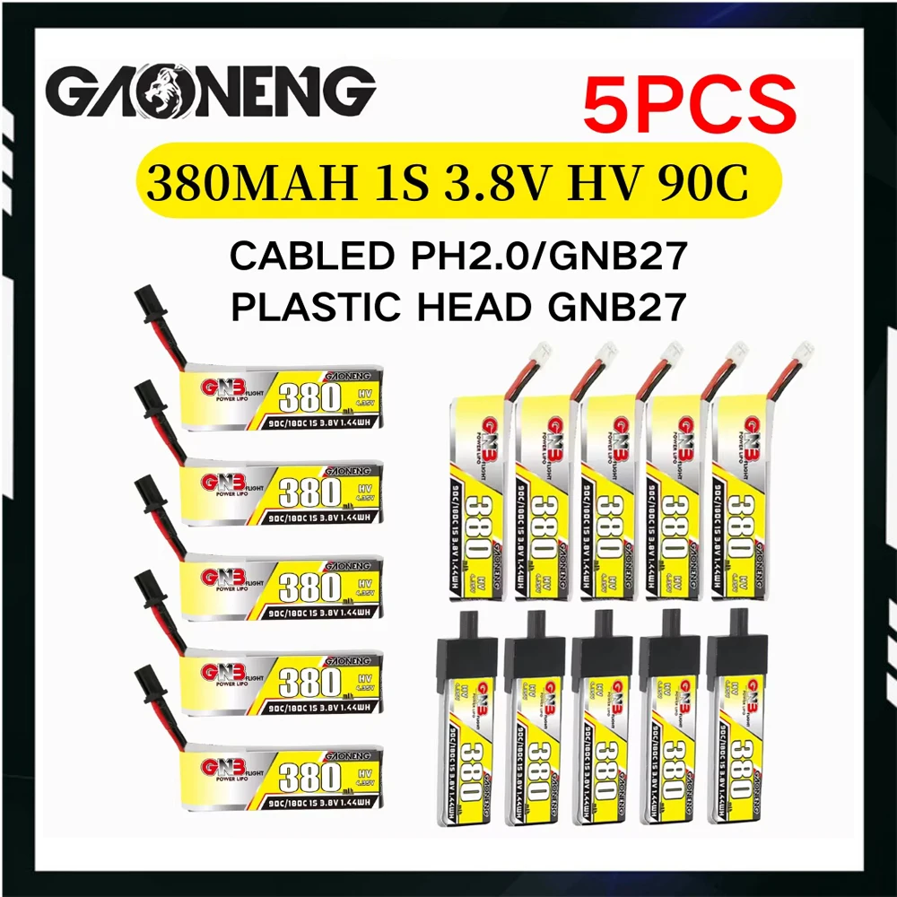 

5PCS GAONENG GNB 1S 3.8V HV 380MAH 90C HV Lipo battery With PH2.0/ GNB27 Plug Connector for Mini Quads FPV DRONE Emax NanoHawk