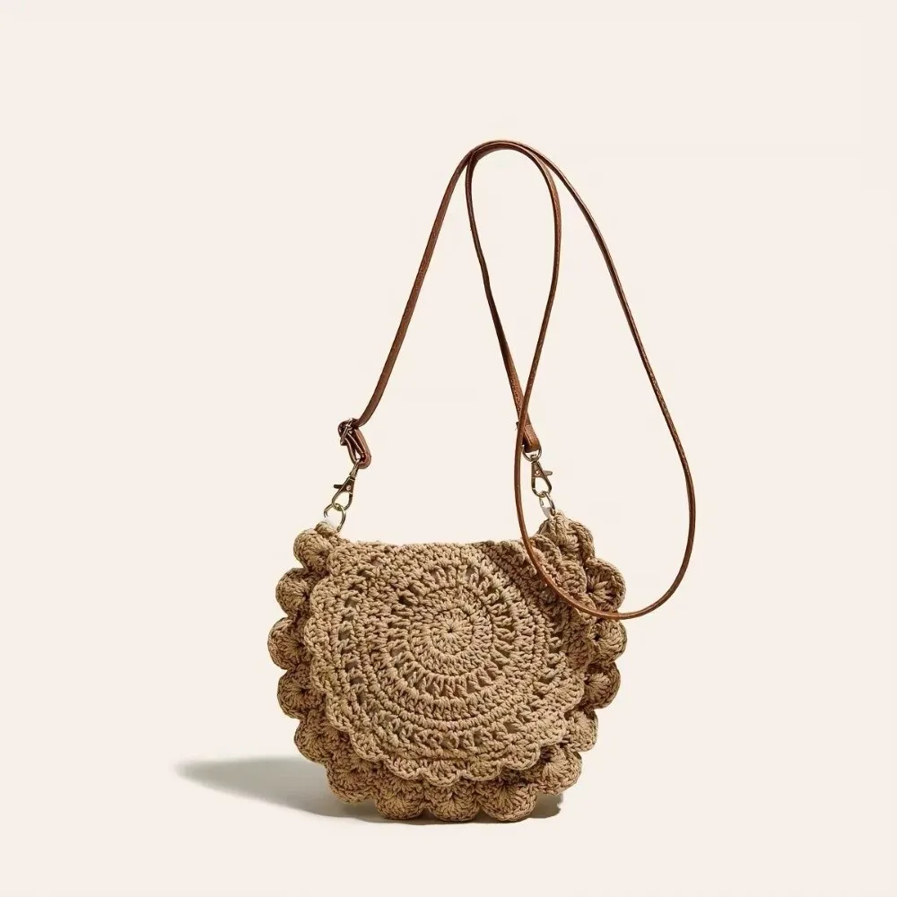 

Vintage Hollow Out Woven Handbag Flower Edge Adjustable Shoulder Strap Knitted Shoulder Bag Beach Bag Ladies