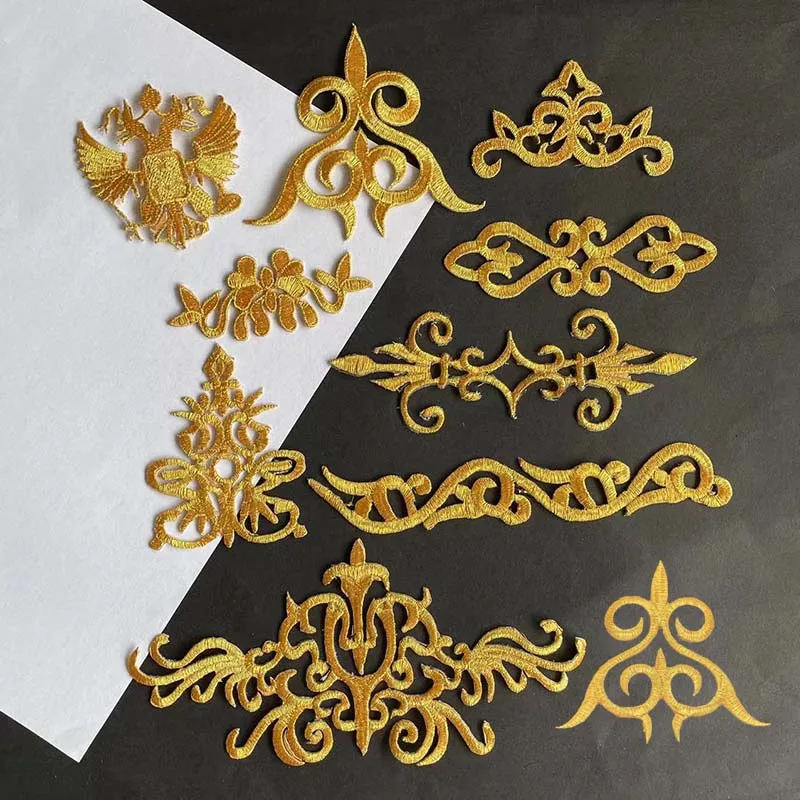 Baroque Pattern Fabric Applique Patch Clothes Stickers,Vintage Gold Flowers Embroidery Iron On Patches For Clothing,Dress,Gown