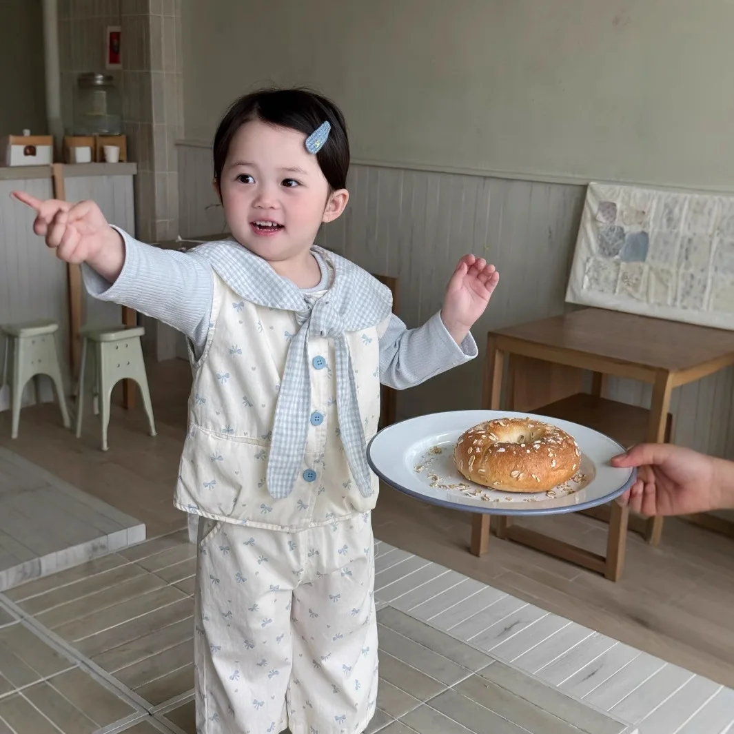 

Children Clothes Set 2025 Spring Autumn Girls Korean Style Vest Pants Solid Color T Shirt Sweet Casual Girls Three Piece Set