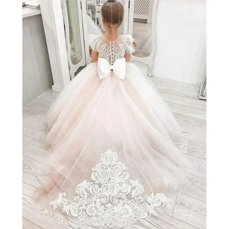 豪華なフラワーガールドレス：バロックレースアップリケスカート、シアーレースバック＆大きなウエストリボン付き、ウェディングパーティー用
