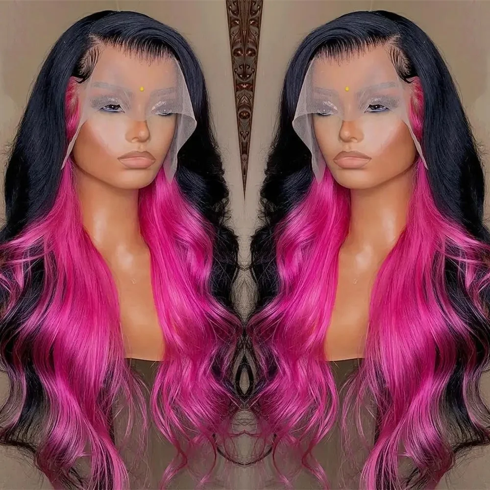 Black And Pink Highlight Long Body Wave Synthetic Lace Front Wig Glueless Wigs for Women Natural Looking Daily Wear Cosplay Wigs