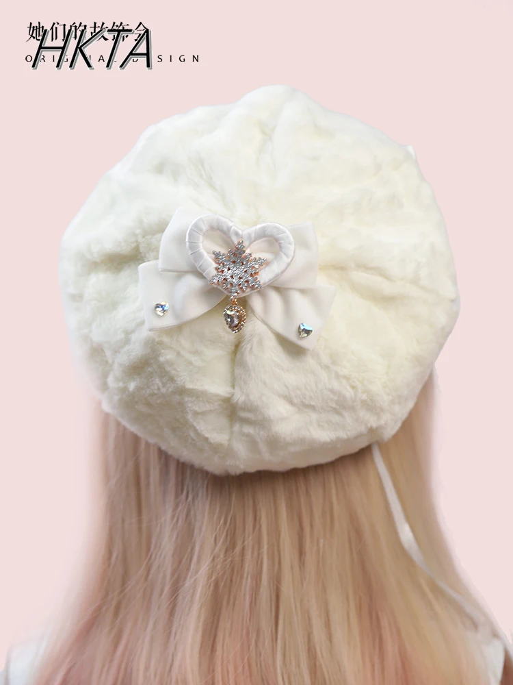 Autumn and Winter Temperament Pearl Plush Beret Japanese Lolita Original Handmade Snowflake Love Bow Cap Female Warm Kawaii Hat