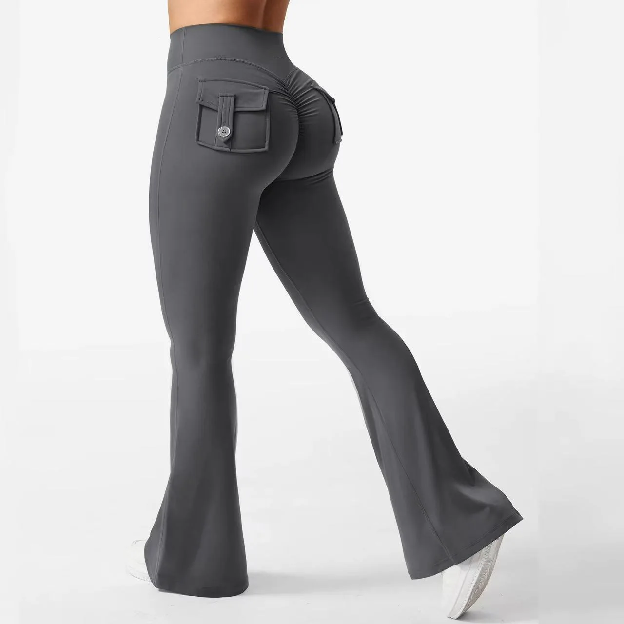 Damen Cargo-Taschen Flare Yoga-Hose mit hoher Taille, Po-Lifting-Effekt, dehnbare, schmale Bootcut-Leggings für Workout, Fitness, Sport und Freizeit – Detail 21