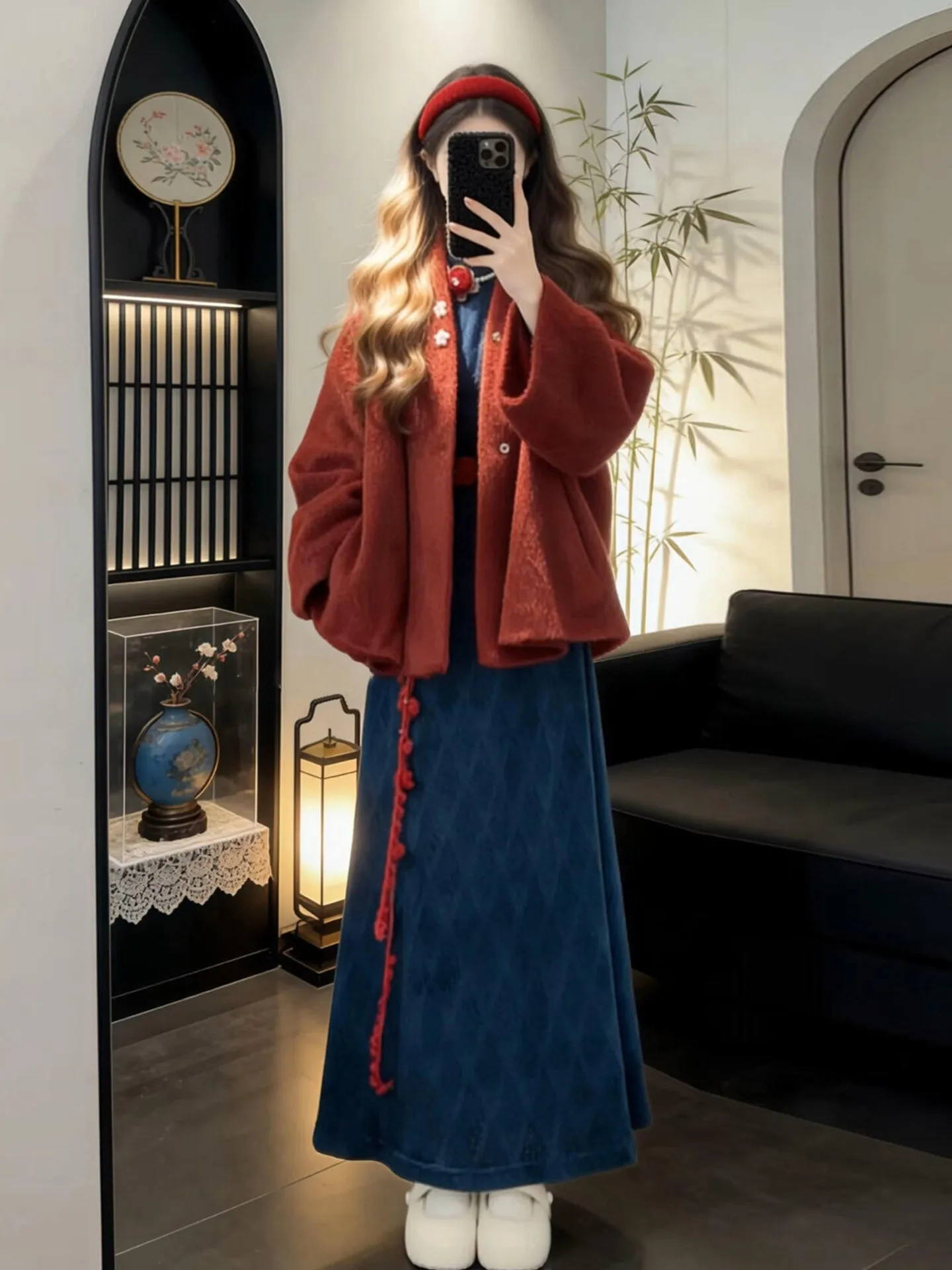 

Red Woolen Coat And Dr Set plus Size Women's Faion Winter Outfit High Waist Knot Traditional Chinese...