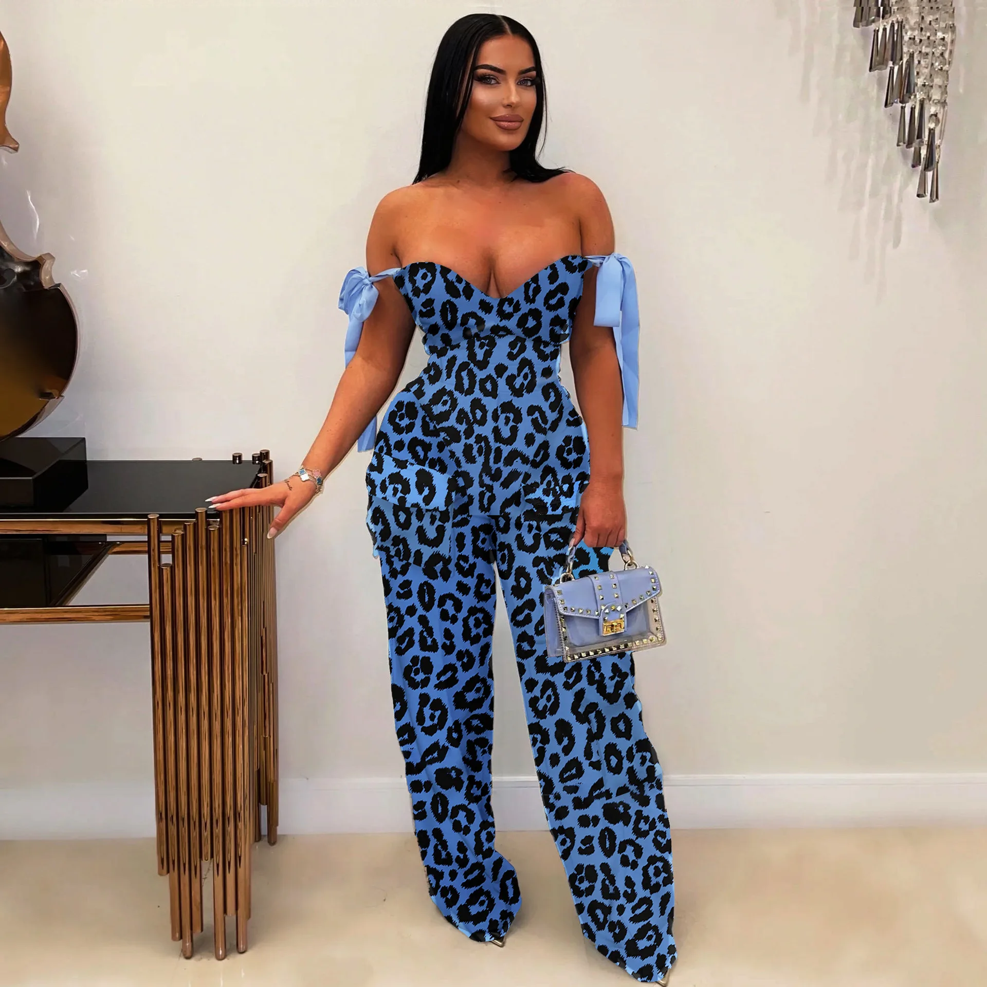 High Street Ladies 2-piece Suspender Set Sexy Off-shoulder Slim Fit Hottie Drawstring Pocket Fashion Straight Pants Suit