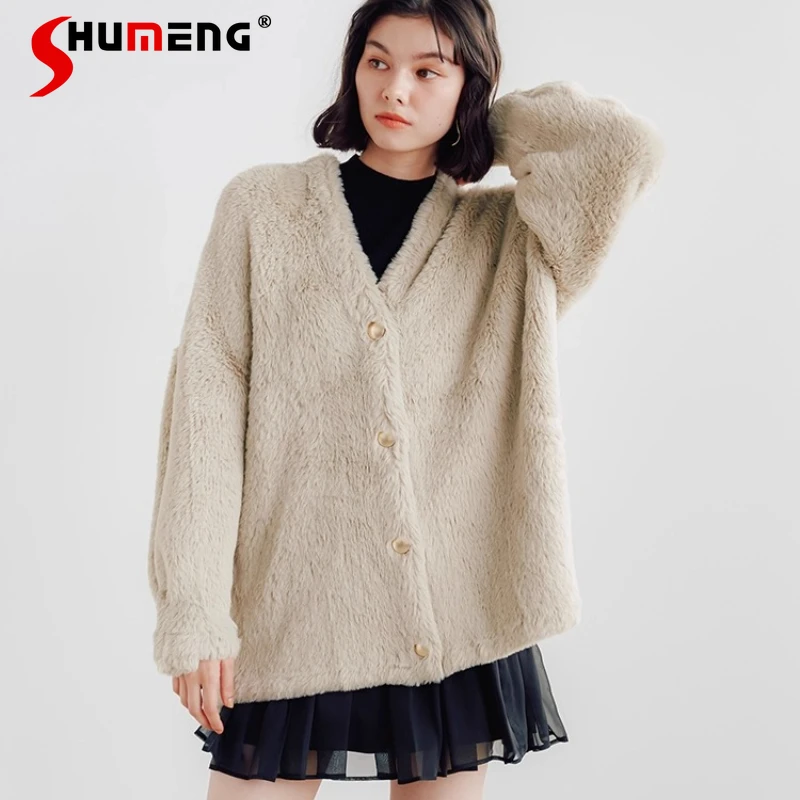 

Осень-зима 2024, новые японские милые однотонные мягкие вязаные куртки с v-образным вырезом, женские свободные элегантные модные плюшевые теплые пальто