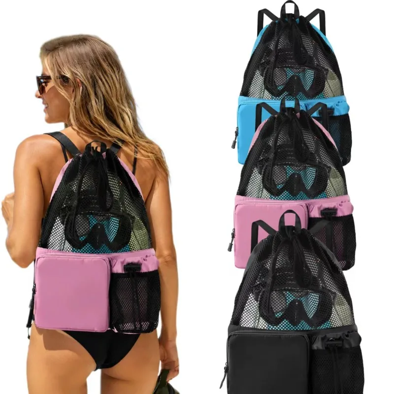 Large Capacity Mesh Drawstring Swim Backpack with Extra Storage Pockets, Lightweight Beach Bag for Swimming, Gym Training, Workout Gear, Sports & Outdoor Activities