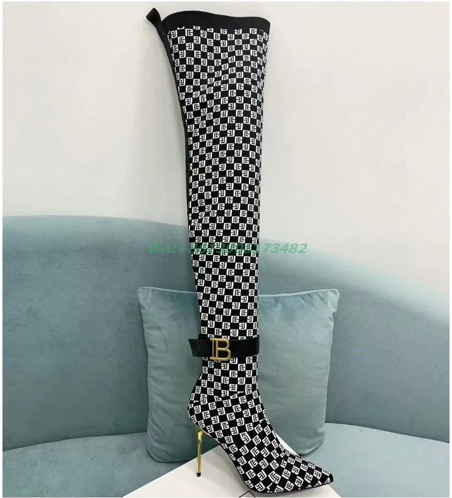 design high quality women Printed totem knitted stretch over-the-knee boots high heel pointy thigh high women Knitted boots