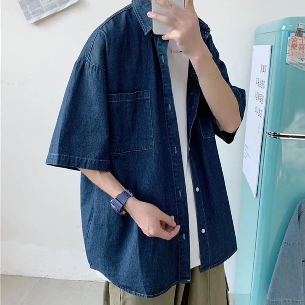 Blue Denim Short Sleeve Shirts Men Summer Thin Korean Fashion Top Vintage Oversize Baggy Cardigan Blouses Casual Man Clothes