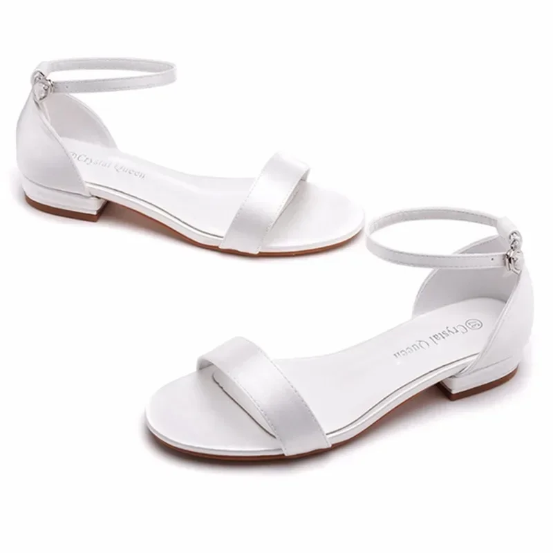 Sexy Ankle Strap Sandals Women Party Elegant Silk 2CM Flat Heels Buckle Strap Modern Sandals Dress Women\'s Shoes White Girls